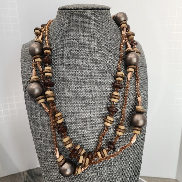 Layered Earth Tone Beaded Infinity Necklace – Wood & Bronze Accents - Picture 6 of 6